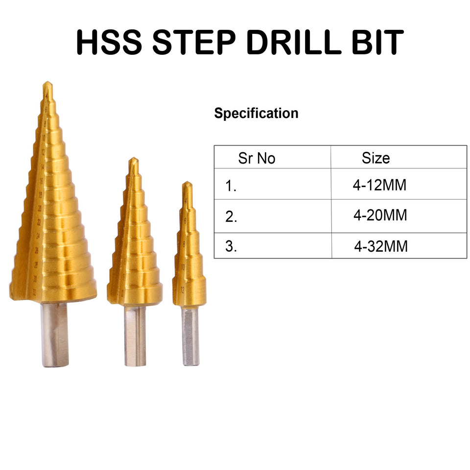 3 Piece HSS Steel Step Cone Drill Bit Set Hole Cutter 4-12/20/32mm