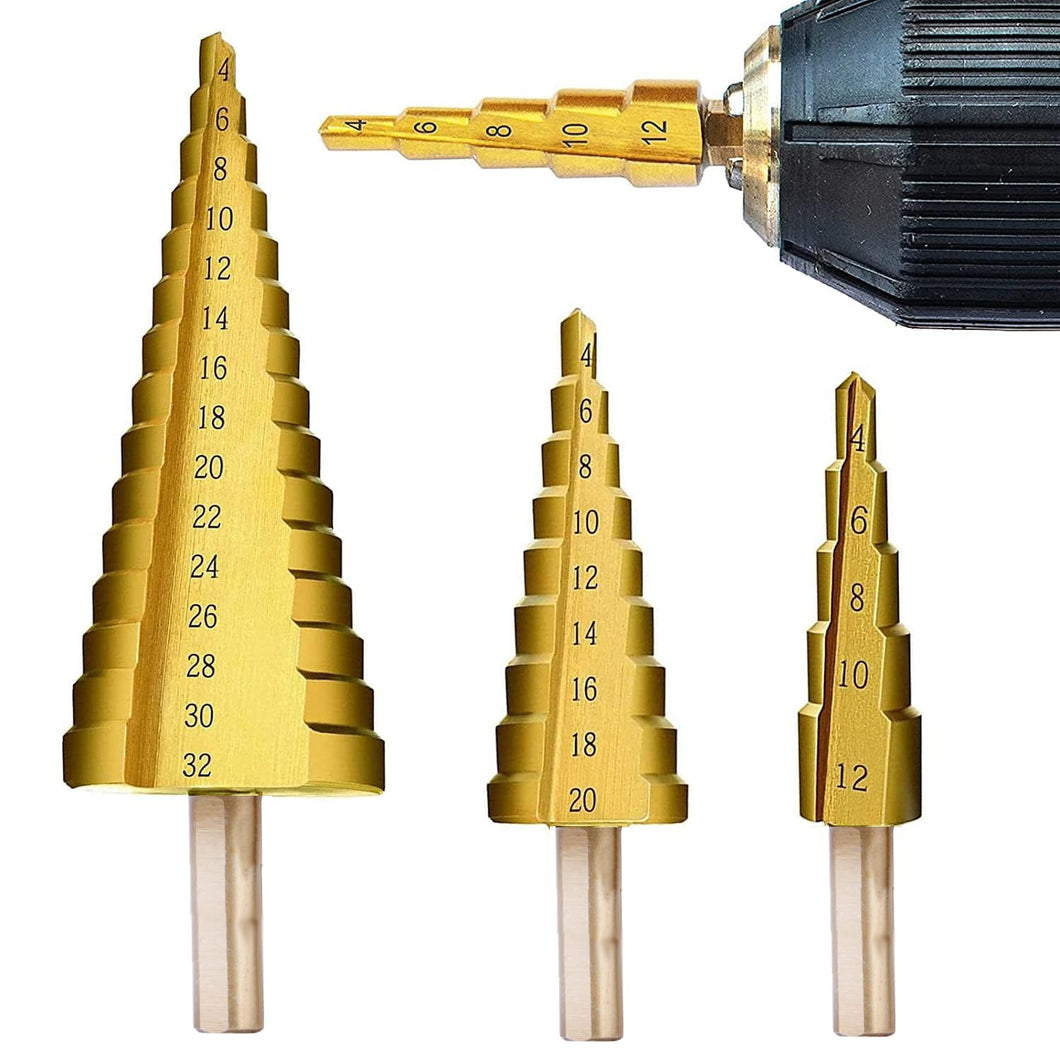 3 Piece HSS Steel Step Cone Drill Bit Set Hole Cutter 4-12/20/32mm